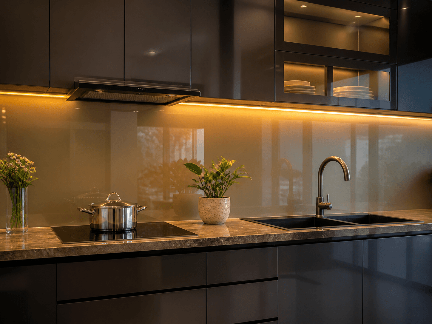 Kính bếp và tủ bếp màu tối với ánh sáng ấm